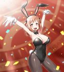  1girl :d animal_ears armpits arms_up black_legwear blush bow bowtie breasts brown_eyes brown_hair bunny_girl bunny_tail bunnysuit cleavage clothed_navel confetti detached_collar fake_animal_ears gloves hair_bow hataraku_maou-sama! highres large_breasts open_mouth pantyhose rabbit_ears revision sasaki_chiho short_hair short_twintails smile solo tail twintails white_gloves wrist_cuffs zaxwu 