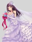  1girl bare_shoulders bouquet dress elbow_gloves flower frills gloves hair_ornament holding ilog jewelry long_hair looking_at_viewer necklace occhan_(artist) official_art rose solo tagme veil wedding_dress 