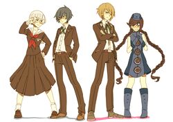  2boys 2girls ai-wa arisato_minato arisato_minato_(cosplay) bespectacled blonde_hair blue_hair boots braid brown_hair cosplay costume_switch crossed_arms dangan_ronpa dress elizabeth_(persona) elizabeth_(persona)_(cosplay) fukawa_touko fukawa_touko_(cosplay) glasses hands_in_pockets hat knee_boots multiple_boys multiple_girls no_glasses persona persona_3 school_uniform serafuku togami_byakuya togami_byakuya_(cosplay) twin_braids white_hair yuuki_makoto yuuki_makoto_(cosplay) 