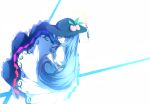  1girl blue_hair dress food fruit grin hat hat_over_one_eye hinanawi_tenshi jofree long_hair peach red_eyes smile solo sword_of_hisou touhou white_background 