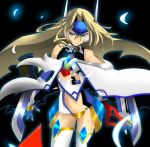  1girl arm_blade bare_shoulders blazblue blue_eyes breasts cape center_opening crotch_plate ear_protection elbow_gloves fingernails forehead_protector gem gloves headgear highres long_hair midi_hazapero mu-12 petals sharp_fingernails solo symbol-shaped_pupils thighhighs torn_clothes underboob weapon 