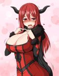  1girl blush breasts choker cleavage demon_girl dress embarrassed fingers_together fur_trim heart horns huge_breasts long_hair maou_(maoyuu) maoyuu_maou_yuusha motion_lines nervous open_mouth pink_background red_dress red_eyes red_hair redhead revision solo sweat sweatdrop tears trembling zaxwu 