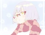  1girl face glasses portrait scarf shirabi_(life-is-free) short_hair snowflakes solo white_hair yellow_eyes 