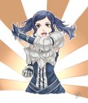  1girl alicethebrabbito armor blue_hair breastplate brown_eyes cynthia_(fire_emblem) fire_emblem fire_emblem:_kakusei gauntlets gloves nintendo open_mouth short_twintails signature solo twintails 