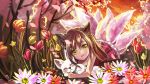  1girl ahri animal_ears brown_hair dress flower fox fox_ears fox_tail highres league_of_legends multiple_tails sinbe slit_pupils solo tail yellow_eyes younger 