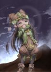  1girl boots brown_hair clouds desert gnome_(mon-musu_quest!) green_eyes hat highres long_hair lv21 mon-musu_quest! monster_girl night pointy_ears sky solo standing very_long_hair 