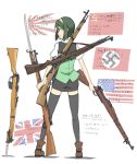  1girl american_flag bayonet bob_cut bolt_action boots green_hair gun hairband hammer_and_sickle headset idolmaster kar98 lee-enfield m1903_springfield matsunoki mosin-nagant nazi_flag otonashi_kotori red_eyes rifle rising_sun short_hair skirt smile solo soviet_flag standing swastika thighhighs translation_request union_jack weapon zettai_ryouiki 