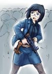  1girl absurdres belt blue_eyes blue_hair collared_shirt drawing_gun erica_(naze1940) glasses gun highres holster jacket military necktie open_mouth original pantyhose semi-rimless_glasses short_hair submachine_gun weapon 