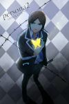  1boy barbed_wire brown_eyes brown_hair butterfly copyright_name from_above katana necktie persona persona_2 philemon_(butterfly) sakamuke school_uniform solo suou_tatsuya sword weapon 