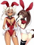 2girls akeboshi_kagayo animal_ears ass bare_shoulders black_legwear blonde_hair blush breasts brown_eyes brown_hair bunny_girl bunny_tail bunnysuit cleavage dark_skin detached_collar detached_sleeves fishnet_pantyhose fishnets glasses gloves kantai_collection large_breasts long_hair looking_at_viewer multiple_girls musashi_(kantai_collection) pantyhose ponytail rabbit_ears red_eyes single_thighhigh tail thighhighs twintails very_long_hair wrist_cuffs yamato_(kantai_collection) 