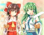  2014 2girls ascot bow brown_hair detached_sleeves frog_hair_ornament gohei green_eyes green_hair hair_bow hair_ornament hair_tubes hakurei_reimu happy_new_year horse japanese_clothes kochiya_sanae large_bow long_hair miko multiple_girls niiya smile snake_hair_ornament touhou yellow_eyes 