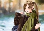  1girl blush breath brown_eyes brown_hair coat kinoebi long_hair original scarf side_ponytail smile snow snowball solo winter_clothes 