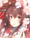  1girl brown_hair cherry_blossoms close-up headgear kantai_collection long_hair looking_at_viewer personification red_eyes shuuichi smile solo umbrella yamato_(kantai_collection) 