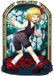  1girl ass blonde_hair bow fangs flower freckles hair_bow looking_back mary_janes necktie ninny-world one_side_up pinstripe_pattern red_eyes rose rumia shoes shorts socks sweater_vest tiptoes tongue touhou wink 