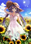  1girl bare_shoulders blue_eyes blush dress flower hat original purple_hair revision see-through sky solo sunflower takanashi_haruto twintails 