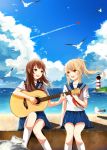  2girls acoustic_guitar airplane beach blonde_hair brown_eyes brown_hair cloudy_sky guitar instrument lighthouse long_hair multiple_girls ocean original ponytail samizuban school_uniform serafuku sitting skirt sky smile 