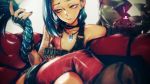  1girl bare_shoulders blue_hair braid flat_chest gloves highres iwai_ryou jinx_(league_of_legends) league_of_legends light_smile long_hair pink_eyes single_thighhigh solo tattoo thighhighs 