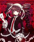  1girl black_hair card celestia_rudenberk dangan_ronpa drill_hair earrings frills gothic_lolita hairband jewelry lolita_fashion lolita_hairband necktie playing_card red_eyes shimotsuki_(ichiruki) smile solo twin_drills 