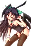  1girl amiru9 animal_ears black_hair black_wings bow bowtie breasts bunny_tail bunnysuit cleavage detached_collar hair_bow highres long_hair rabbit_ears red_eyes reiuji_utsuho tail thighhighs tongue tongue_out touhou wings wink wrist_cuffs 