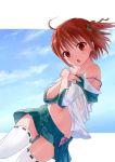  1girl ahoge blush bra_strap kakuno looking_at_viewer open_mouth original panties plaid plaid_skirt red_eyes redhead ribbon_trim school_uniform short_hair short_twintails side-tie_panties skirt solo strap_slip thighhighs twintails underwear white_legwear zettai_ryouiki 