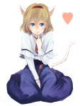  1girl :3 alice_margatroid animal_ears blonde_hair blue_eyes blush capelet cat_ears cat_tail dress finger_to_mouth hairband heart kemonomimi_mode kneeling looking_at_viewer meiji_(charisma_serve) seiza short_hair sitting smile solo tail touhou 