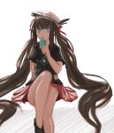  1girl absurdly_long_hair bare_legs brown_hair green_eyes hair_ribbon hat kky legs_together long_hair popsicle ribbon sitting skirt solo twintails very_long_hair 