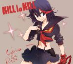  1girl black_dress black_hair blue_eyes character_name copyright_name dress grey_background kill_la_kill matoi_ryuuko multicolored_hair redhead school_uniform scissor_blade senketsu serafuku short_hair signature single_glove skirt smile soramame_(minimum) streaked_hair suspenders two-tone_hair 