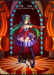  1girl artist_name cat_food_(vocaloid) cj_man copyright_name detached_sleeves green_hair hatsune_miku highres hood long_hair microphone microphone_stand outstretched_arm pantyhose skirt solo twintails very_long_hair vocaloid 