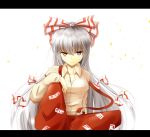  1girl arm_rest bow breasts butterfly_sitting frown fujiwara_no_mokou hair_bow highres indo_(mdtanaka2007) knee_up letterboxed long_hair long_sleeves ofuda pants petals red_eyes simple_background sitting solo suspenders touhou very_long_hair white_background white_hair 