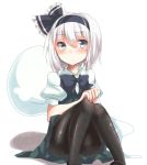  1girl black_legwear blue_eyes blush bow dress green_dress hair_ribbon hand_on_knee highres konpaku_youmu konpaku_youmu_(ghost) looking_at_viewer otowa_(otoha4634) pantyhose puffy_sleeves ribbon shirt short_sleeves silver_hair sitting solo touhou 