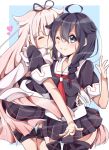  2girls ^_^ ahoge black_hair blonde_hair blue_eyes braid closed_eyes hair_ribbon heart hug kantai_collection long_hair multiple_girls neckerchief ribbon scarf shigure_(kantai_collection) shinomiya_(shino_mn38) single_braid skirt smile wink yuudachi_(kantai_collection) 