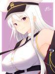  &gt;:) 1girl armpits azur_lane bangs bare_shoulders black_neckwear blush breasts closed_mouth commentary_request enterprise_(azur_lane) eyebrows_visible_through_hair hat highres large_breasts long_hair necktie off_shoulder open_clothes peaked_cap purple_background ramchi sidelocks signature simple_background slit_pupils smile solo underbust upper_body v-shaped_eyebrows violet_eyes white_hair white_hat 