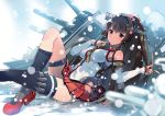 1girl anchor armpits brown_hair cherry_blossoms headgear kantai_collection long_hair looking_at_viewer machinery personification ponytail red_eyes smile snowing solo thighhighs tousaki_umiko turret yamato_(kantai_collection) 