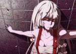  1girl bandages bare_shoulders breasts bust cleavage collarbone fujiwara_no_mokou leaning_back long_hair looking_at_viewer narrow no_shirt outstretched_arms red_eyes sarashi silver_hair solo suspenders touhou wall 