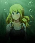  1girl adricarra22 bangs blonde_hair bubble green_eyes long_hair mermaid_swamp payot solo underwater yamazaki_rin 