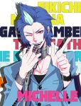  1boy blue_hair bracelet jewelry lipstick makeup microphone mishina_eikichi multicolored_hair persona persona_2 red_eyes ring romeothedope school_uniform solo two-tone_hair white_hair wink 