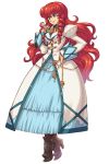  1girl blue_eyes boots coat dress fujimoto_hideaki hand_on_hip high_cavalier_(wild_arms_xf) highres jewelry juliet_sleeves long_hair long_sleeves official_art payot puffy_sleeves redhead ringlets smile solo white_background wild_arms wild_arms_xf 