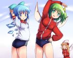  &gt;_&lt; 3girls arm_up arms_behind_back blonde_hair blue_eyes blue_hair blue_skin bow buruma cirno clouds daiyousei fairy_wings green_hair gym_uniform hair_bow hakkotsu_shitai hat hat_bow ice ice_wings lily_white long_hair long_sleeves multiple_girls open_mouth shirt short_sleeves side_ponytail sneezing touhou track_jacket track_suit training wings 