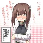 1girl blush brown_eyes brown_hair headband kantai_collection looking_at_viewer open_mouth personification short_hair solo taihou_(kantai_collection) translation_request ukami 