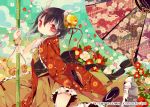  1girl alternate_costume ana_(rznuscrf) bamboo beads bell biwa_lute black_hair checkered checkered_background clouds floral_print flower frills horns instrument japanese_clothes kijin_seija kikumon kimono lute_(instrument) obi oriental_umbrella red_eyes ribbon sandals sarashi solo touhou umbrella watermark white_hair 