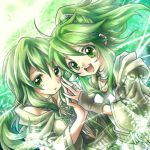  2girls caam_serenity_of_gusto collar duel_monster gloves green_eyes green_hair hair_ornament holding_hands jewelry long_hair looking_at_viewer multiple_girls open_mouth pendant ring smile wind wynnda_miko_of_the_gusta yuu-gi-ou 