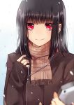  1girl black_hair blazer blurry cellphone earphones earphones foreshortening hand_on_own_chest highres hime_cut holding long_hair looking_at_viewer original outstretched_arm payot phone red_eyes scarf simple_background sleeves_past_wrists smartphone smile snowing solo toufukin 
