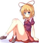  1girl ass bare_legs blonde_hair blue_eyes blush hair_ribbon highres looking_at_viewer medicine_melancholy naba_(take_tonbo) open_mouth puffy_sleeves ribbon shirt short_sleeves simple_background sitting skirt solo touhou white_background 