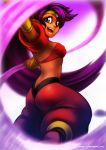  1girl amano-g back baggy_pants bandeau blue_eyes bracer butt_crack dark_skin detached_sleeves forehead_jewel harem_pants long_hair motion_blur open_mouth purple_hair shantae shantae_(character) small_breasts smile solo tiara very_long_hair watermark web_address 