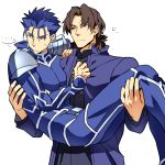  ... 2boys blue_hair brown_eyes brown_hair carrying cross cross_necklace fate/stay_night fate_(series) jewelry kotomine_kirei lancer long_hair multiple_boys necklace ponytail princess_carry red_eyes sexy44 