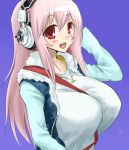  1girl between_breasts blush breasts headphones large_breasts long_hair looking_at_viewer nitroplus open_mouth oro_(zetsubou_girl) pink_hair red_eyes smile solo super_sonico 