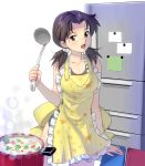  1girl apron brown_eyes brown_hair collarbone cookie floral_print food hair_bobbles hair_ornament horaki_hikari kitchen ladle looking_at_viewer masao naked_apron neon_genesis_evangelion open_mouth pot rebuild_of_evangelion refrigerator school_swimsuit solo soup swimsuit twintails 