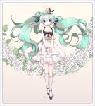  1girl bracelet character_name dress floating_hair flower green_eyes green_hair hatsune_miku jewelry kneehighs long_hair maooo solo twintails very_long_hair vocaloid 