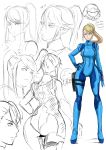  1girl ass blonde_hair blue_eyes breasts eroquis hand_on_hip long_hair metroid metroid_(creature) mole ponytail samus_aran simple_background solo white_background wide_hips zero_suit 