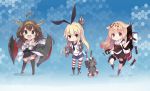  3girls bare_shoulders black_legwear blonde_hair blush bow brown_hair cannon chibi detached_sleeves double_bun elbow_gloves flat_chest gloves hair_bow hair_ornament hair_ribbon hairband hairclip headgear highres japanese_clothes kantai_collection kongou_(kantai_collection) long_hair messy_hair multiple_girls nontraditional_miko open_mouth personification red_eyes rensouhou-chan ribbon sailor_collar school_uniform serafuku shimakaze_(kantai_collection) short_sleeves skirt smile socks straight_hair striped striped_legwear thighhighs torpedo turret white_gloves yuudachi_(kantai_collection) yuui_hutabakirage 